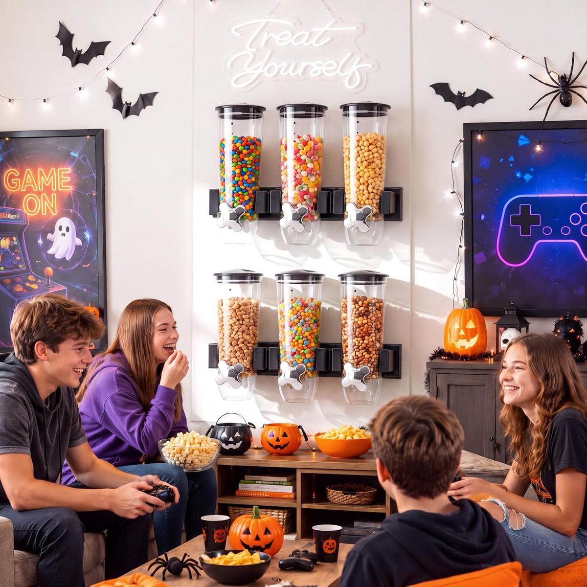 6 Pcs Wall Candy Dispenser with 1pcs Treat Yourself Neon Signs 9 L Machine Grain Dispenser Neon Snack Sign Wall Mount for Home Kitchen Food Store Birthday Gift Party Decor