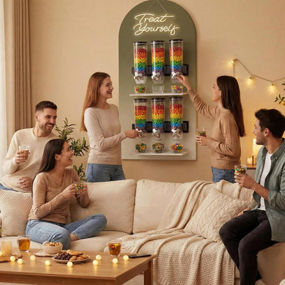 6 Pcs Wall Candy Dispenser with 1pcs Treat Yourself Neon Signs 9 L Machine Grain Dispenser Neon Snack Sign Wall Mount for Home Kitchen Food Store Birthday Gift Party Decor