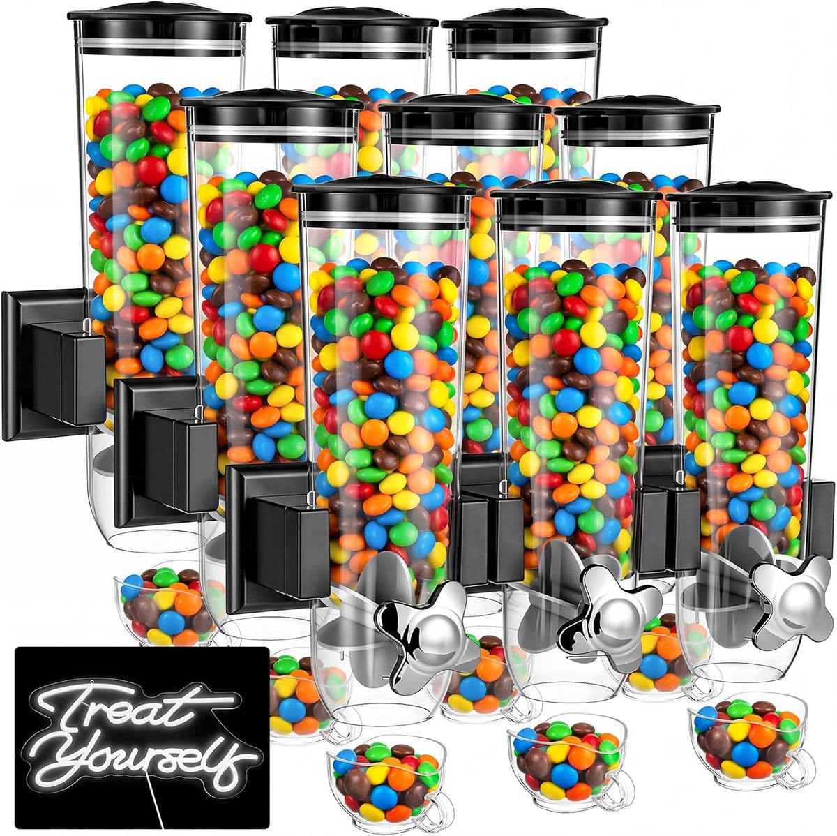 6 Pcs Wall Candy Dispenser with 1pcs Treat Yourself Neon Signs 9 L Machine Grain Dispenser Neon Snack Sign Wall Mount for Home Kitchen Food Store Birthday Gift Party Decor