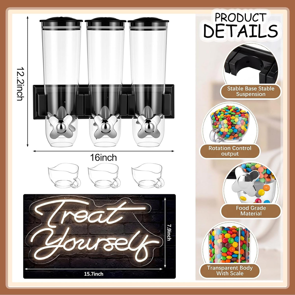 6 Pcs Wall Candy Dispenser with 1pcs Treat Yourself Neon Signs 9 L Machine Grain Dispenser Neon Snack Sign Wall Mount for Home Kitchen Food Store Birthday Gift Party Decor