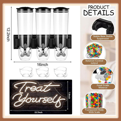 6 Pcs Wall Candy Dispenser with 1pcs Treat Yourself Neon Signs 9 L Machine Grain Dispenser Neon Snack Sign Wall Mount for Home Kitchen Food Store Birthday Gift Party Decor
