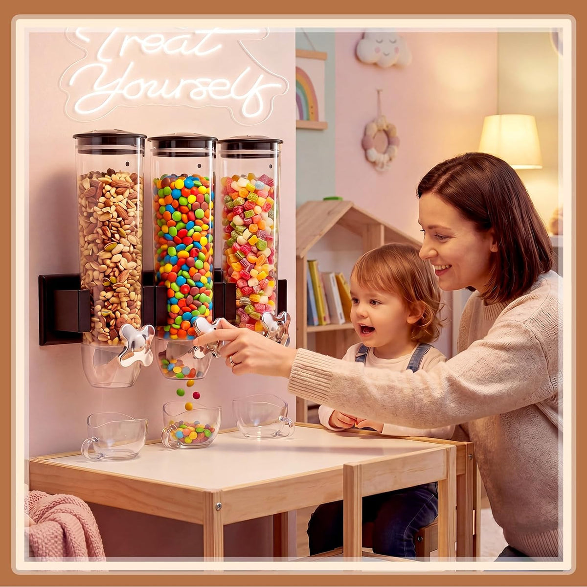 6 Pcs Wall Candy Dispenser with 1pcs Treat Yourself Neon Signs 9 L Machine Grain Dispenser Neon Snack Sign Wall Mount for Home Kitchen Food Store Birthday Gift Party Decor