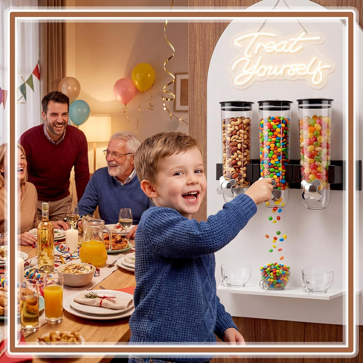 6 Pcs Wall Candy Dispenser with 1pcs Treat Yourself Neon Signs 9 L Machine Grain Dispenser Neon Snack Sign Wall Mount for Home Kitchen Food Store Birthday Gift Party Decor