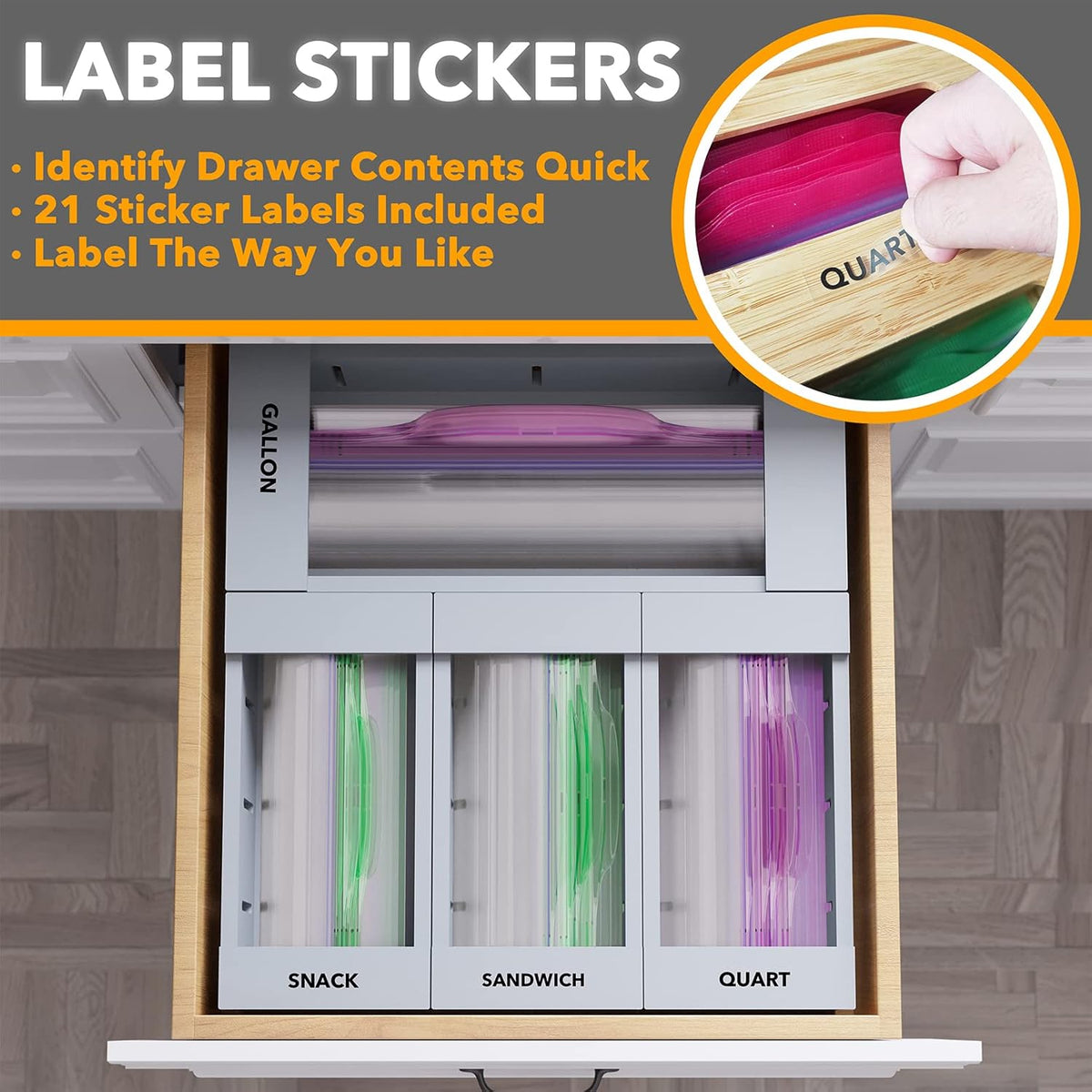 Bag Storage Organizer for Kitchen Drawer, Bamboo Organizer, Compatible with Gallon, Quart, Sandwich and Snack Variety Size Bag (4 Pack)