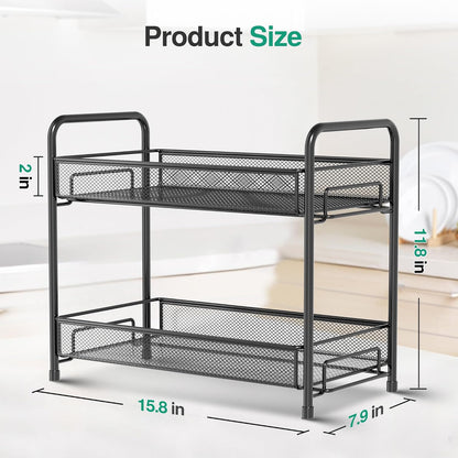 Spice Rack Organizer for Countertop, 2-Tier Foldable Metal Rust-Proof Standing Large Seasoning Storage Shelf with Guardrail and Mesh Design for Kitchen Cabinet Bathroom Living Room Pantry, Black