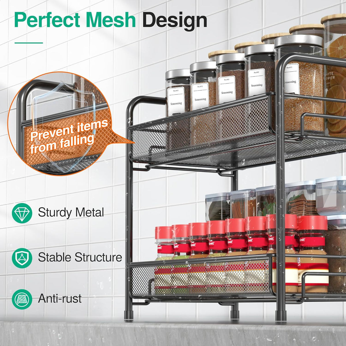 Spice Rack Organizer for Countertop, 2-Tier Foldable Metal Rust-Proof Standing Large Seasoning Storage Shelf with Guardrail and Mesh Design for Kitchen Cabinet Bathroom Living Room Pantry, Black