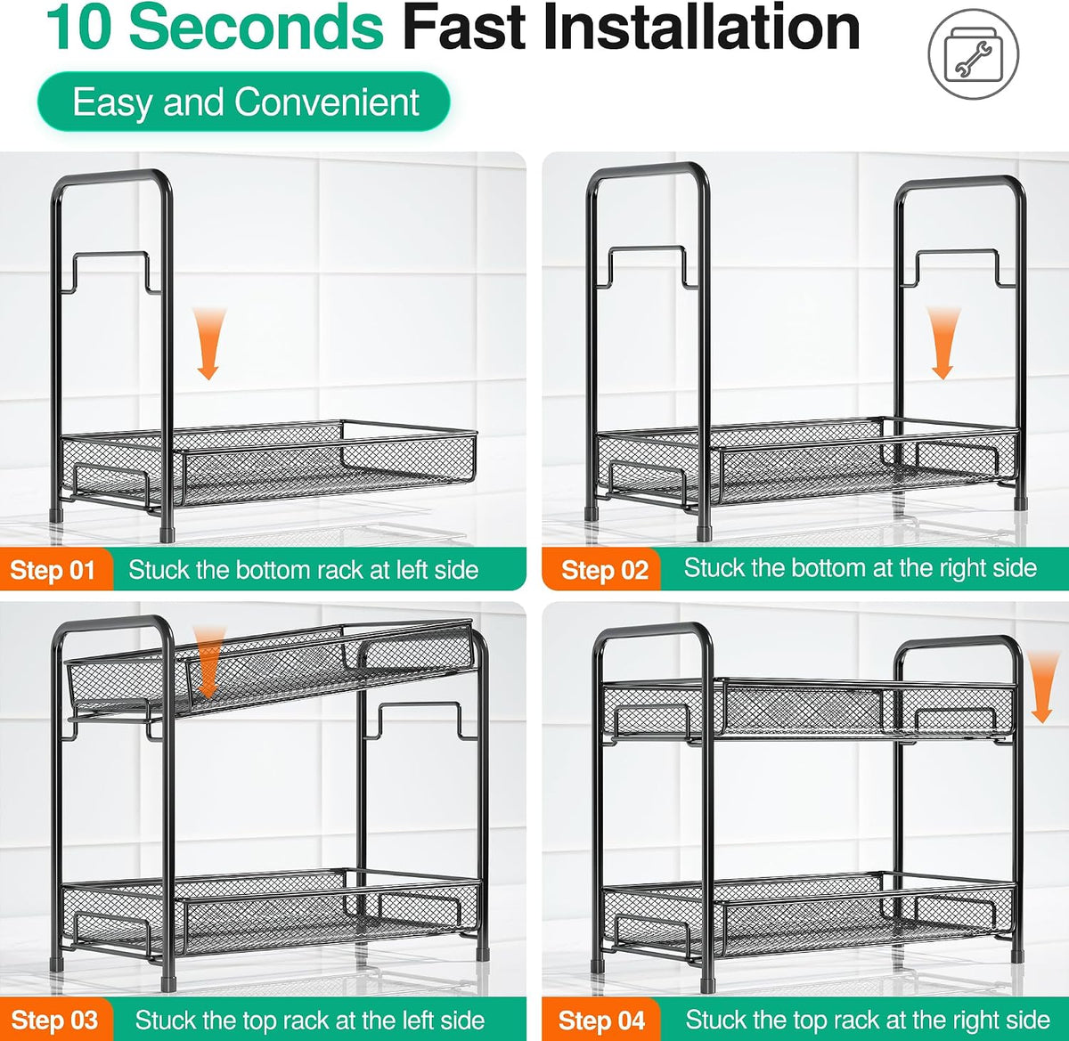 Spice Rack Organizer for Countertop, 2-Tier Foldable Metal Rust-Proof Standing Large Seasoning Storage Shelf with Guardrail and Mesh Design for Kitchen Cabinet Bathroom Living Room Pantry, Black