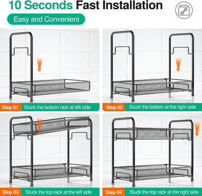 Spice Rack Organizer for Countertop, 2-Tier Foldable Metal Rust-Proof Standing Large Seasoning Storage Shelf with Guardrail and Mesh Design for Kitchen Cabinet Bathroom Living Room Pantry, Black