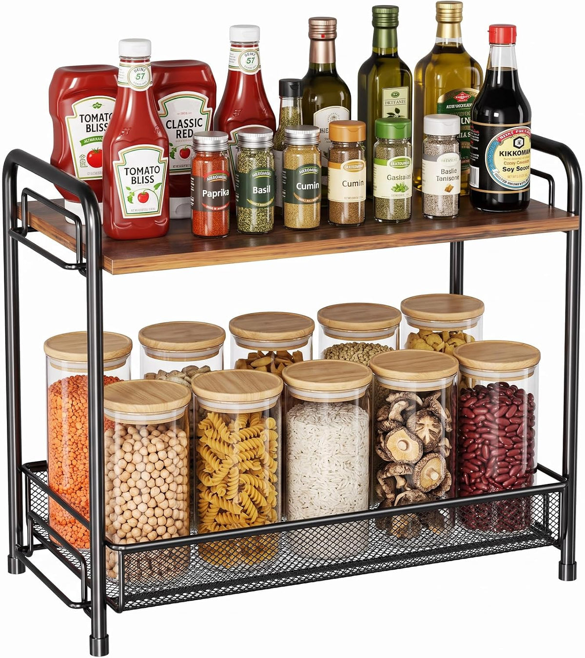 Spice Rack Organizer for Countertop, 2-Tier Foldable Metal Rust-Proof Standing Large Seasoning Storage Shelf with Guardrail and Mesh Design for Kitchen Cabinet Bathroom Living Room Pantry, Black