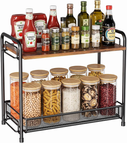 Spice Rack Organizer for Countertop, 2-Tier Foldable Metal Rust-Proof Standing Large Seasoning Storage Shelf with Guardrail and Mesh Design for Kitchen Cabinet Bathroom Living Room Pantry, Black