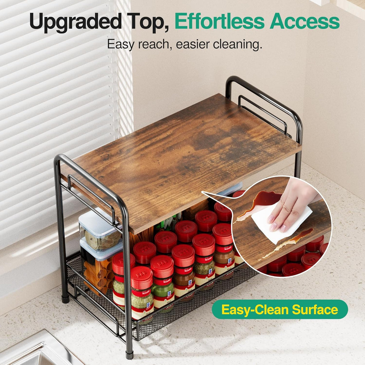 Spice Rack Organizer for Countertop, 2-Tier Foldable Metal Rust-Proof Standing Large Seasoning Storage Shelf with Guardrail and Mesh Design for Kitchen Cabinet Bathroom Living Room Pantry, Black