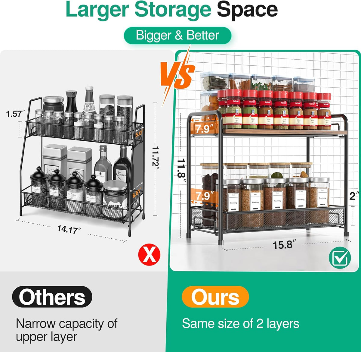 Spice Rack Organizer for Countertop, 2-Tier Foldable Metal Rust-Proof Standing Large Seasoning Storage Shelf with Guardrail and Mesh Design for Kitchen Cabinet Bathroom Living Room Pantry, Black