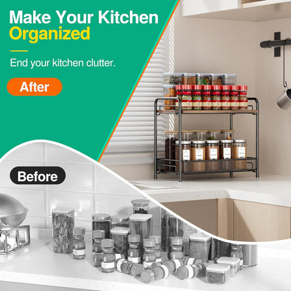 Spice Rack Organizer for Countertop, 2-Tier Foldable Metal Rust-Proof Standing Large Seasoning Storage Shelf with Guardrail and Mesh Design for Kitchen Cabinet Bathroom Living Room Pantry, Black