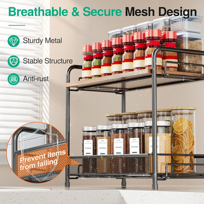 Spice Rack Organizer for Countertop, 2-Tier Foldable Metal Rust-Proof Standing Large Seasoning Storage Shelf with Guardrail and Mesh Design for Kitchen Cabinet Bathroom Living Room Pantry, Black