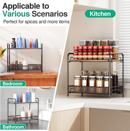 Spice Rack Organizer for Countertop, 2-Tier Foldable Metal Rust-Proof Standing Large Seasoning Storage Shelf with Guardrail and Mesh Design for Kitchen Cabinet Bathroom Living Room Pantry, Black