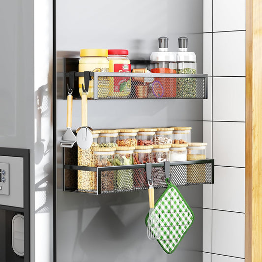 Magnetic Spice Rack for Refrigerator, Magnetic Shelf, Moveable Fridge Organizer with 8-Hook Rack, Seasoning Organizer for Kitchen