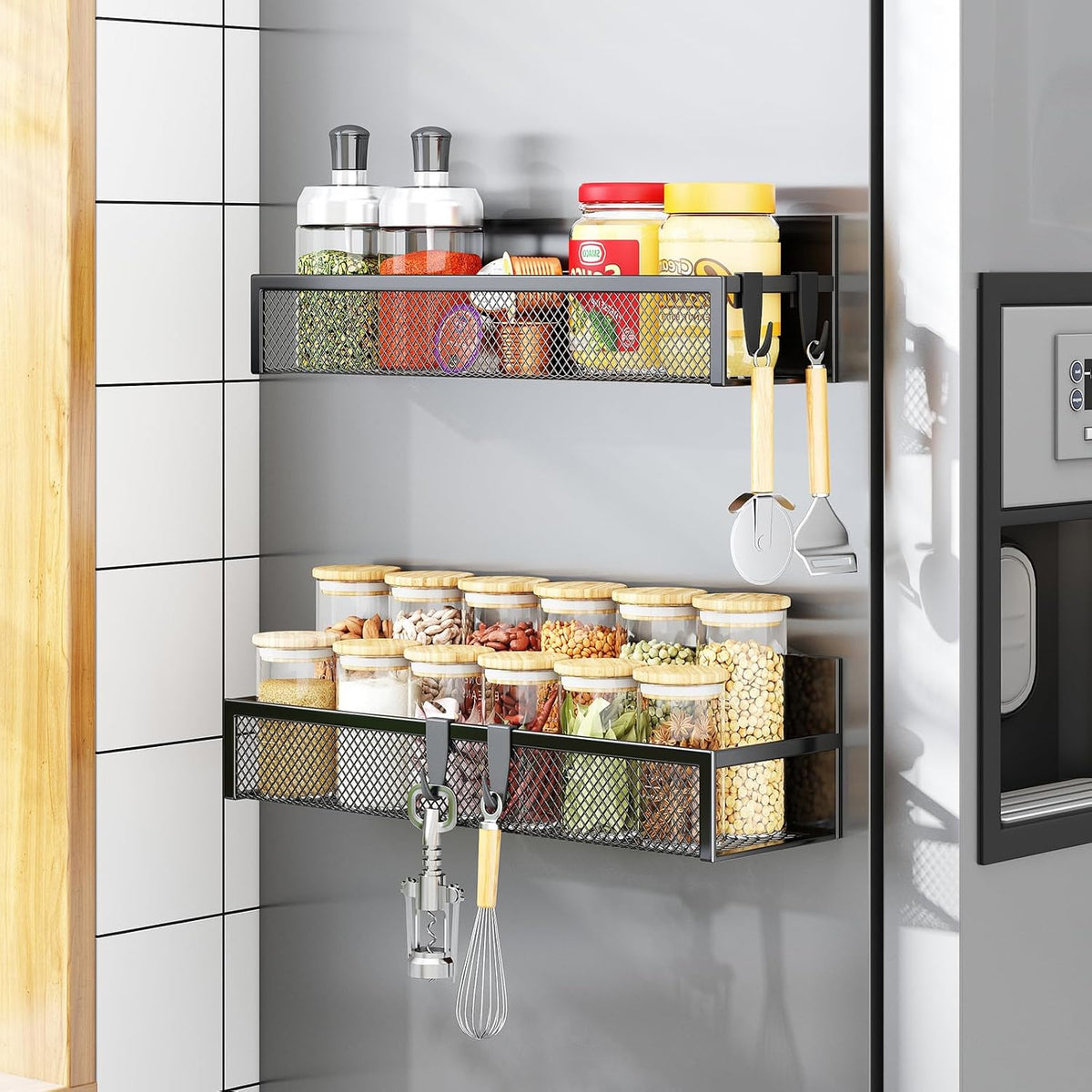 Magnetic Spice Rack for Refrigerator, Magnetic Shelf, Moveable Fridge Organizer with 8-Hook Rack, Seasoning Organizer for Kitchen