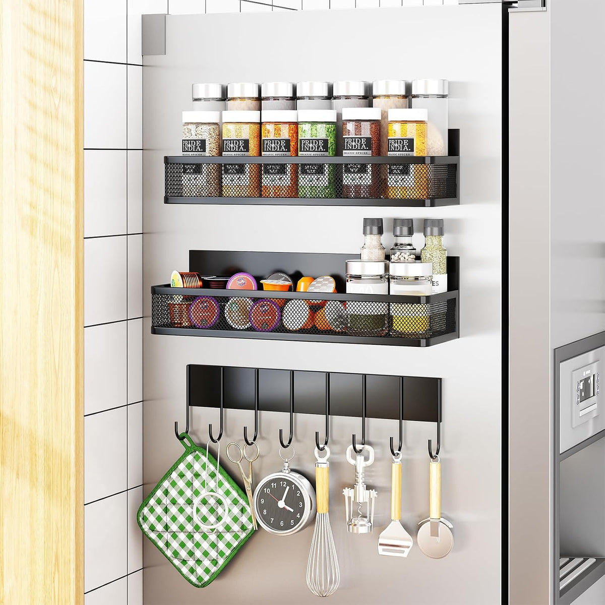 Magnetic Spice Rack for Refrigerator, Magnetic Shelf, Moveable Fridge Organizer with 8-Hook Rack, Seasoning Organizer for Kitchen