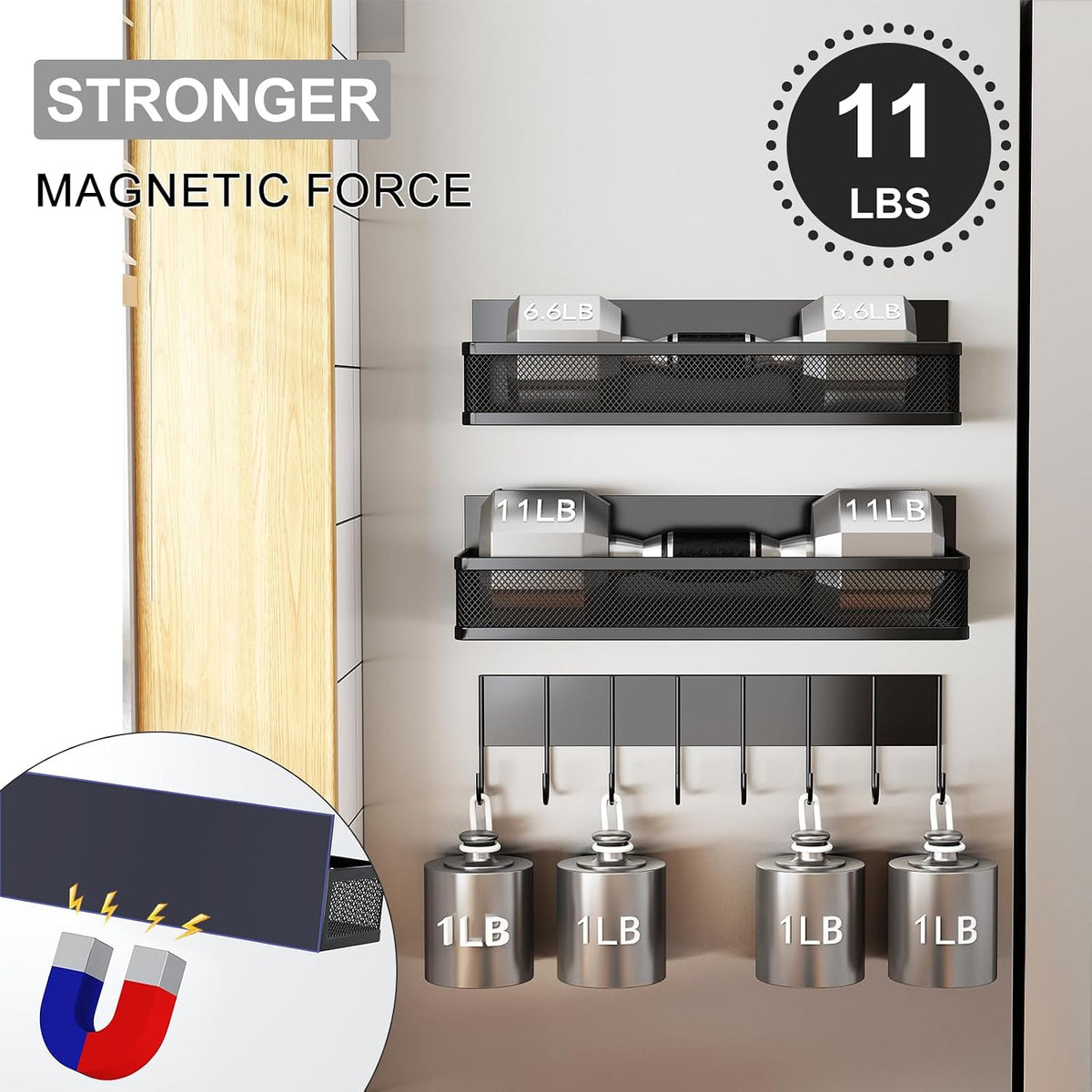 Magnetic Spice Rack for Refrigerator, Magnetic Shelf, Moveable Fridge Organizer with 8-Hook Rack, Seasoning Organizer for Kitchen