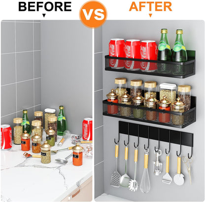 Magnetic Spice Rack for Refrigerator, Magnetic Shelf, Moveable Fridge Organizer with 8-Hook Rack, Seasoning Organizer for Kitchen