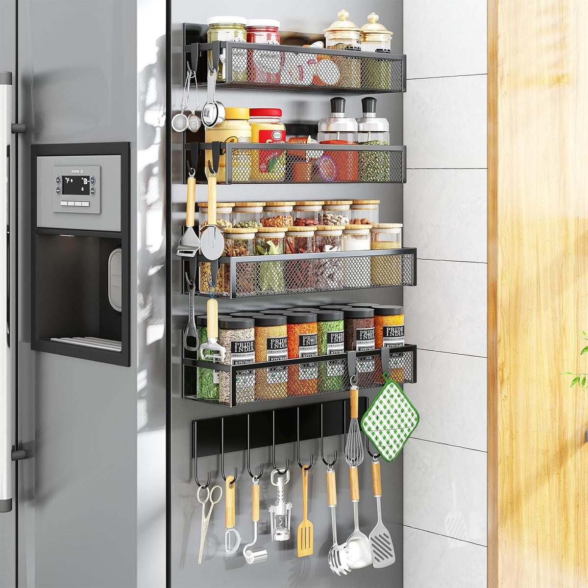 Magnetic Spice Rack for Refrigerator, Magnetic Shelf, Moveable Fridge Organizer with 8-Hook Rack, Seasoning Organizer for Kitchen