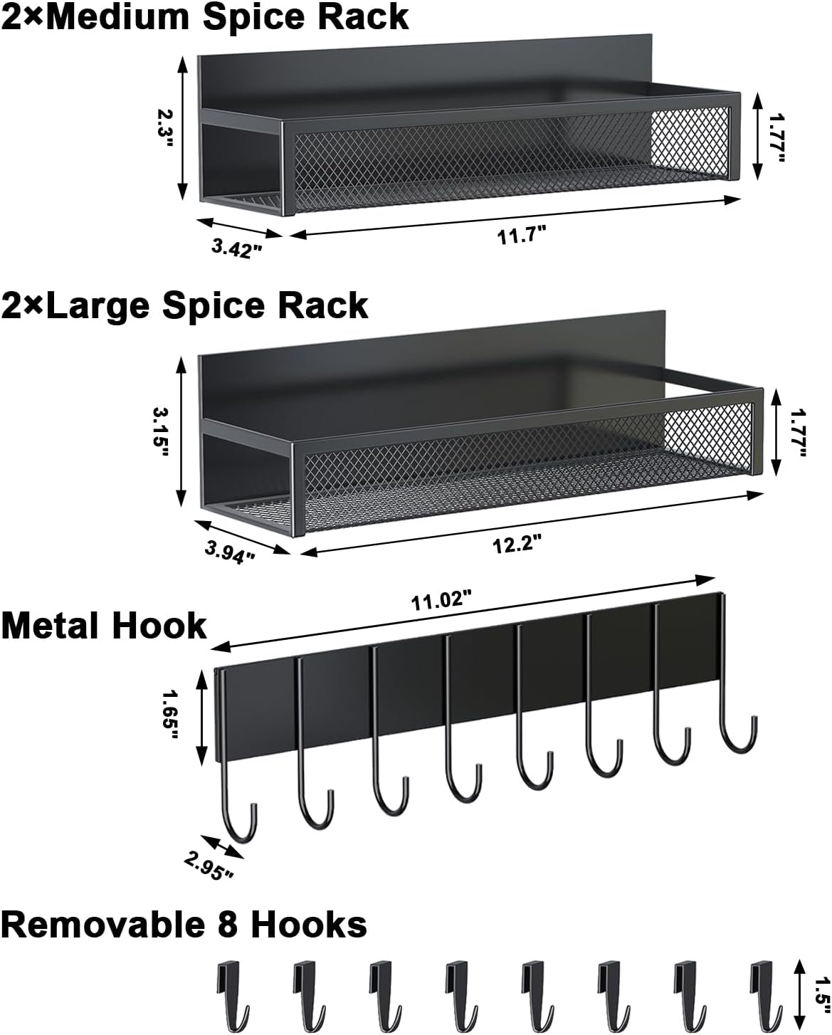 Magnetic Spice Rack for Refrigerator, Magnetic Shelf, Moveable Fridge Organizer with 8-Hook Rack, Seasoning Organizer for Kitchen
