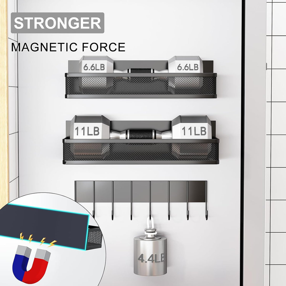 Magnetic Spice Rack for Refrigerator, Magnetic Shelf, Moveable Fridge Organizer with 8-Hook Rack, Seasoning Organizer for Kitchen