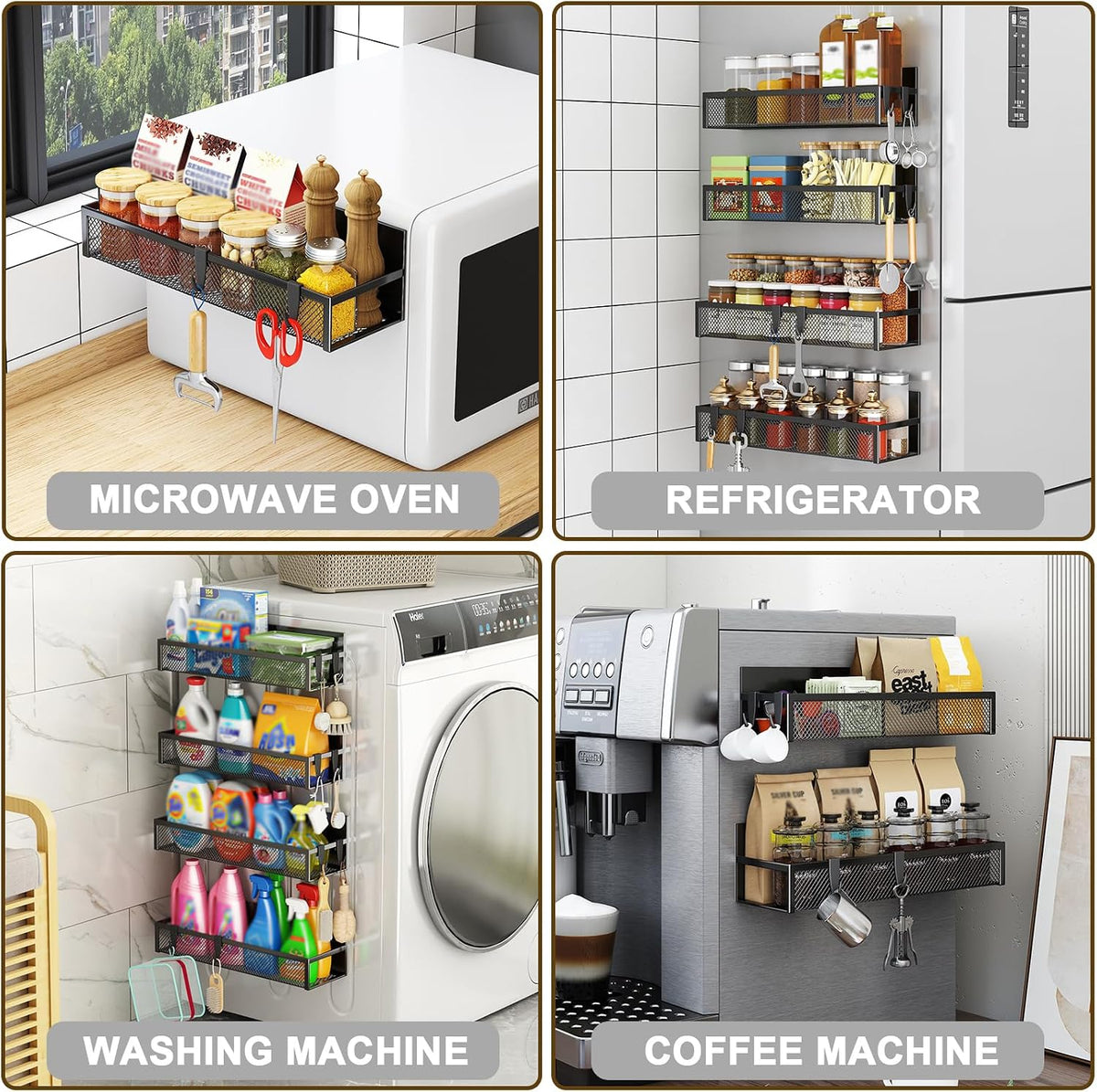 Magnetic Spice Rack for Refrigerator, Magnetic Shelf, Moveable Fridge Organizer with 8-Hook Rack, Seasoning Organizer for Kitchen