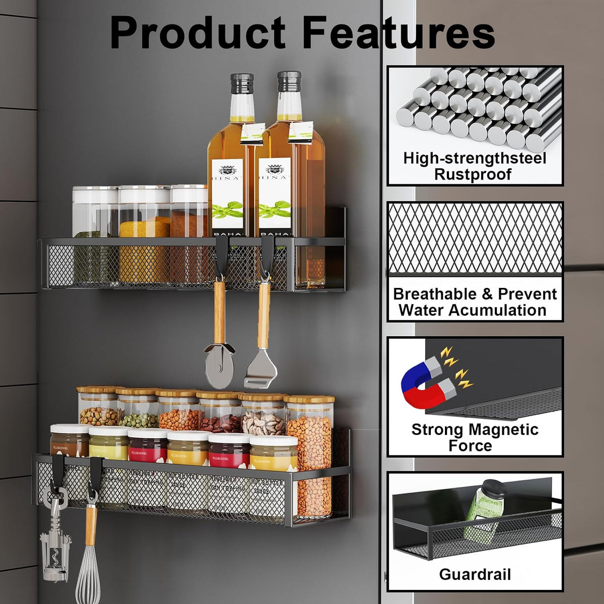 Magnetic Spice Rack for Refrigerator, Magnetic Shelf, Moveable Fridge Organizer with 8-Hook Rack, Seasoning Organizer for Kitchen