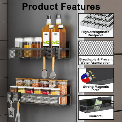 Magnetic Spice Rack for Refrigerator, Magnetic Shelf, Moveable Fridge Organizer with 8-Hook Rack, Seasoning Organizer for Kitchen