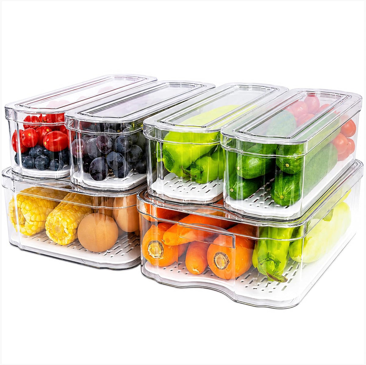 6 Pack Clear Fridge Organizer Bins with Drain Trays - Stackable | BPA-Free PET, 6 Pack: 6 lidded Bins (Not drawer), Helps Keep Produce Fresh, 14L Capacity, Hand Wash Only