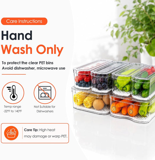 6 Pack Clear Fridge Organizer Bins with Drain Trays - Stackable | BPA-Free PET, 6 Pack: 6 lidded Bins (Not drawer), Helps Keep Produce Fresh, 14L Capacity, Hand Wash Only