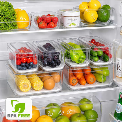 6 Pack Clear Fridge Organizer Bins with Drain Trays - Stackable | BPA-Free PET, 6 Pack: 6 lidded Bins (Not drawer), Helps Keep Produce Fresh, 14L Capacity, Hand Wash Only