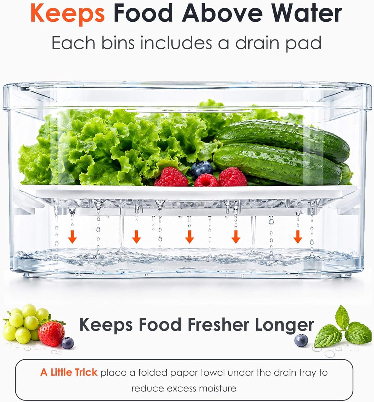 6 Pack Clear Fridge Organizer Bins with Drain Trays - Stackable | BPA-Free PET, 6 Pack: 6 lidded Bins (Not drawer), Helps Keep Produce Fresh, 14L Capacity, Hand Wash Only