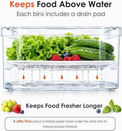 6 Pack Clear Fridge Organizer Bins with Drain Trays - Stackable | BPA-Free PET, 6 Pack: 6 lidded Bins (Not drawer), Helps Keep Produce Fresh, 14L Capacity, Hand Wash Only