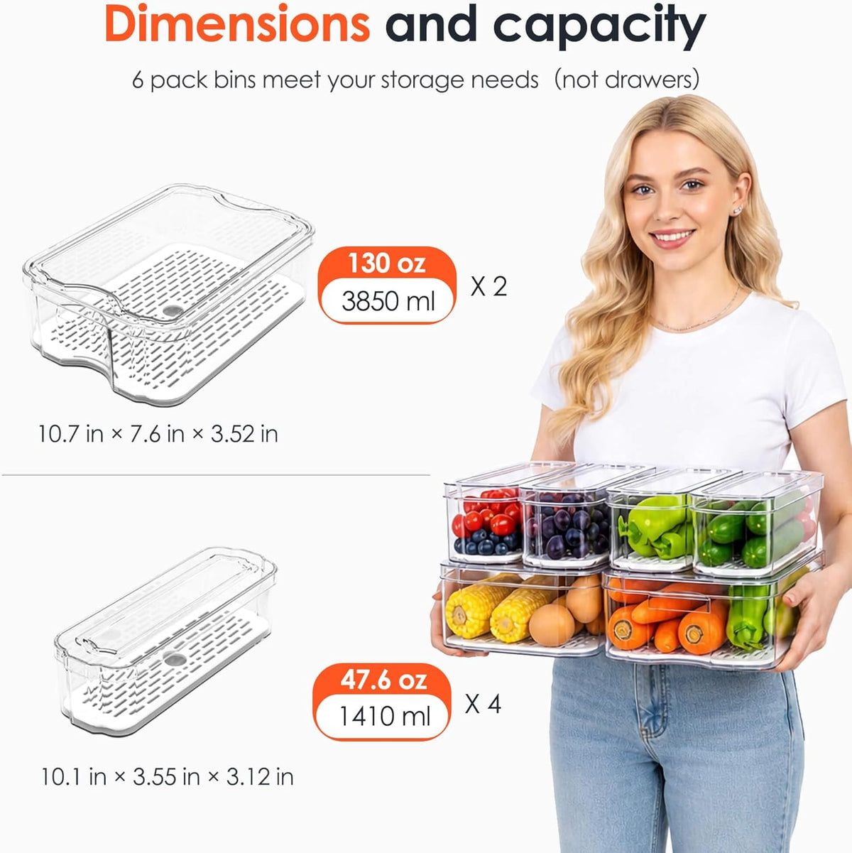 6 Pack Clear Fridge Organizer Bins with Drain Trays - Stackable | BPA-Free PET, 6 Pack: 6 lidded Bins (Not drawer), Helps Keep Produce Fresh, 14L Capacity, Hand Wash Only