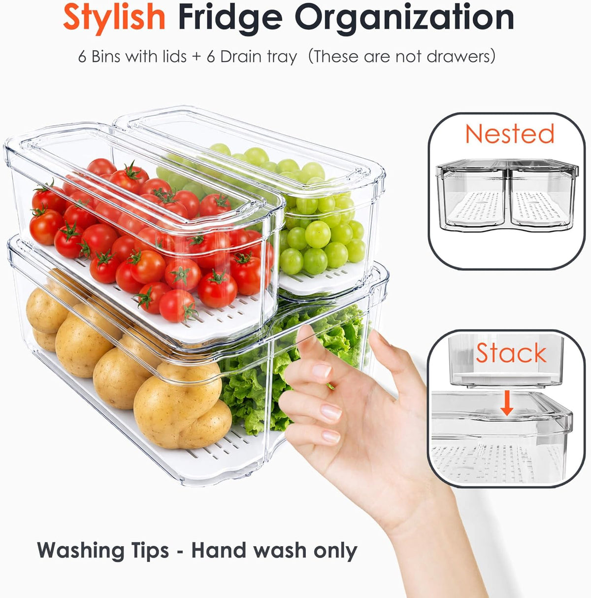 6 Pack Clear Fridge Organizer Bins with Drain Trays - Stackable | BPA-Free PET, 6 Pack: 6 lidded Bins (Not drawer), Helps Keep Produce Fresh, 14L Capacity, Hand Wash Only