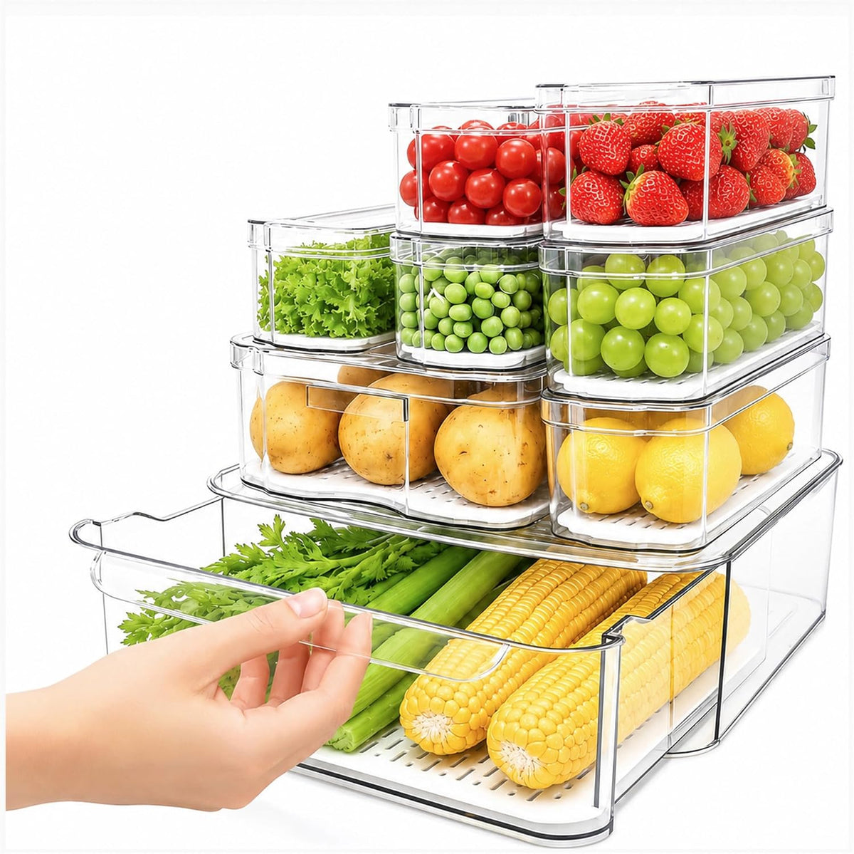 6 Pack Clear Fridge Organizer Bins with Drain Trays - Stackable | BPA-Free PET, 6 Pack: 6 lidded Bins (Not drawer), Helps Keep Produce Fresh, 14L Capacity, Hand Wash Only