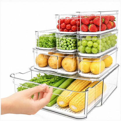 6 Pack Clear Fridge Organizer Bins with Drain Trays - Stackable | BPA-Free PET, 6 Pack: 6 lidded Bins (Not drawer), Helps Keep Produce Fresh, 14L Capacity, Hand Wash Only