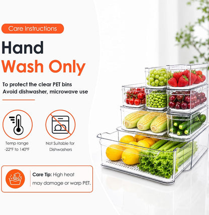 6 Pack Clear Fridge Organizer Bins with Drain Trays - Stackable | BPA-Free PET, 6 Pack: 6 lidded Bins (Not drawer), Helps Keep Produce Fresh, 14L Capacity, Hand Wash Only
