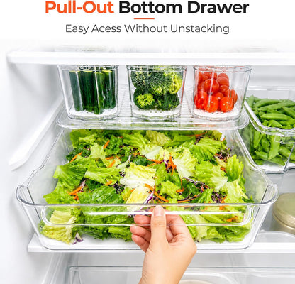 6 Pack Clear Fridge Organizer Bins with Drain Trays - Stackable | BPA-Free PET, 6 Pack: 6 lidded Bins (Not drawer), Helps Keep Produce Fresh, 14L Capacity, Hand Wash Only