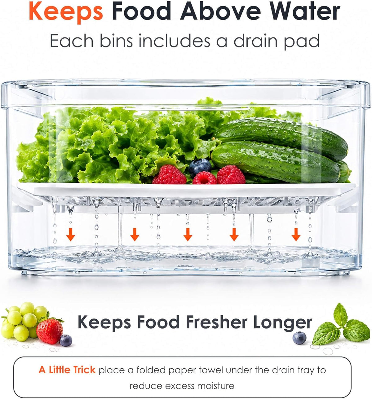 6 Pack Clear Fridge Organizer Bins with Drain Trays - Stackable | BPA-Free PET, 6 Pack: 6 lidded Bins (Not drawer), Helps Keep Produce Fresh, 14L Capacity, Hand Wash Only