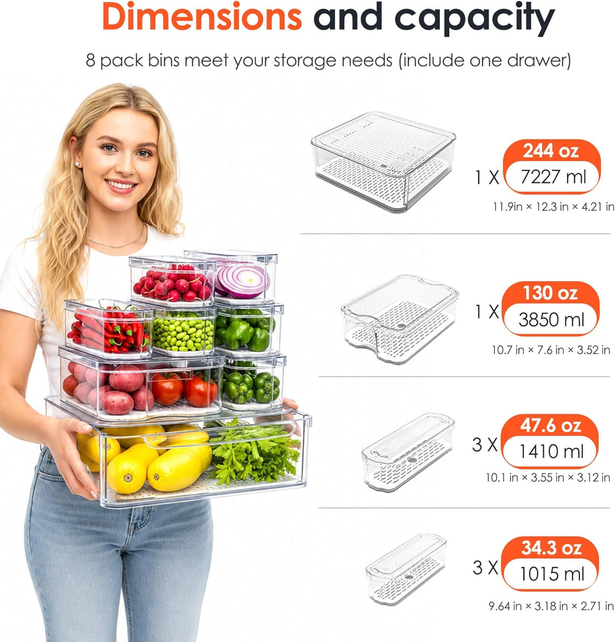 6 Pack Clear Fridge Organizer Bins with Drain Trays - Stackable | BPA-Free PET, 6 Pack: 6 lidded Bins (Not drawer), Helps Keep Produce Fresh, 14L Capacity, Hand Wash Only