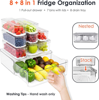6 Pack Clear Fridge Organizer Bins with Drain Trays - Stackable | BPA-Free PET, 6 Pack: 6 lidded Bins (Not drawer), Helps Keep Produce Fresh, 14L Capacity, Hand Wash Only
