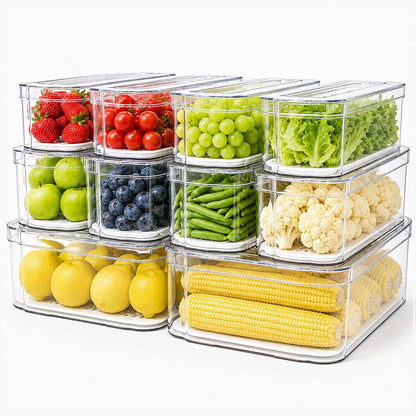6 Pack Clear Fridge Organizer Bins with Drain Trays - Stackable | BPA-Free PET, 6 Pack: 6 lidded Bins (Not drawer), Helps Keep Produce Fresh, 14L Capacity, Hand Wash Only