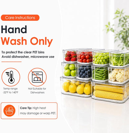 6 Pack Clear Fridge Organizer Bins with Drain Trays - Stackable | BPA-Free PET, 6 Pack: 6 lidded Bins (Not drawer), Helps Keep Produce Fresh, 14L Capacity, Hand Wash Only