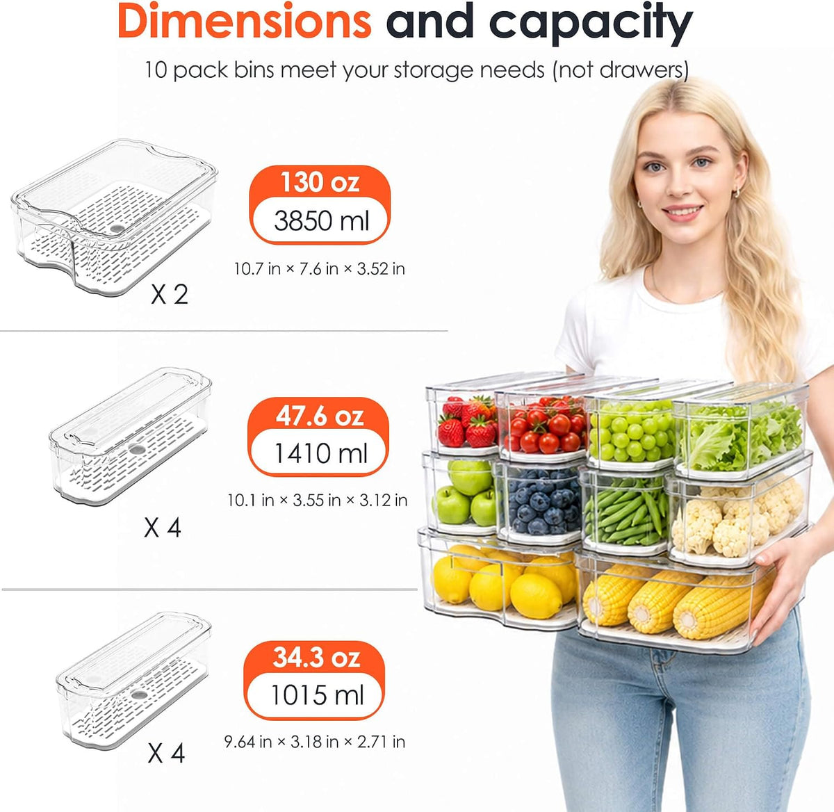 6 Pack Clear Fridge Organizer Bins with Drain Trays - Stackable | BPA-Free PET, 6 Pack: 6 lidded Bins (Not drawer), Helps Keep Produce Fresh, 14L Capacity, Hand Wash Only