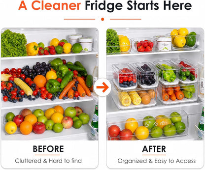 6 Pack Clear Fridge Organizer Bins with Drain Trays - Stackable | BPA-Free PET, 6 Pack: 6 lidded Bins (Not drawer), Helps Keep Produce Fresh, 14L Capacity, Hand Wash Only