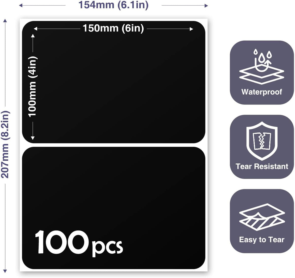 100Pcs Large Black Labels for Storage Bins,6x4 Inch Labels | Removable,Large Labels Strong Adhesive Tear Resistant No Residue for Blank Box