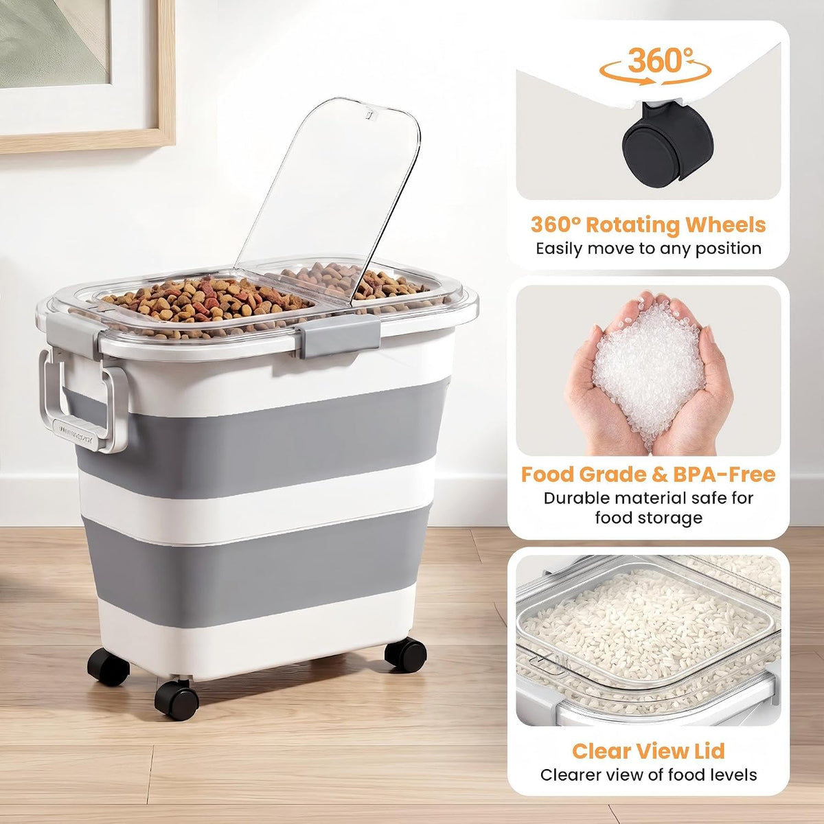 30 Lbs Rice Container, Collapsible Dog Food Storage Container | Airtight Cat Food Container with Wheels, Transparent Lid, Measuring Cup, Scoop and Handle, BPA Free for Pet Food, Bird Seed